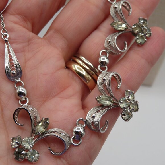 Sorrento Sterling Silver Rhinestone Filigree Floral Necklace - Picture 7 of 12